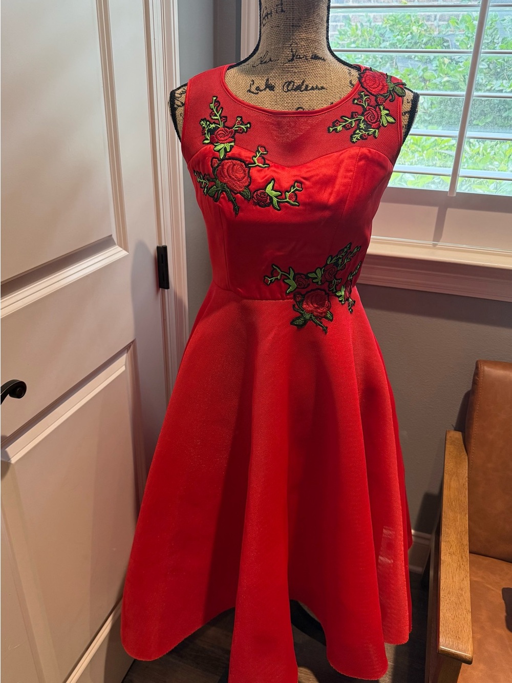 1950’s Inspired Midi Dress with Embroidered Floral Appliqués